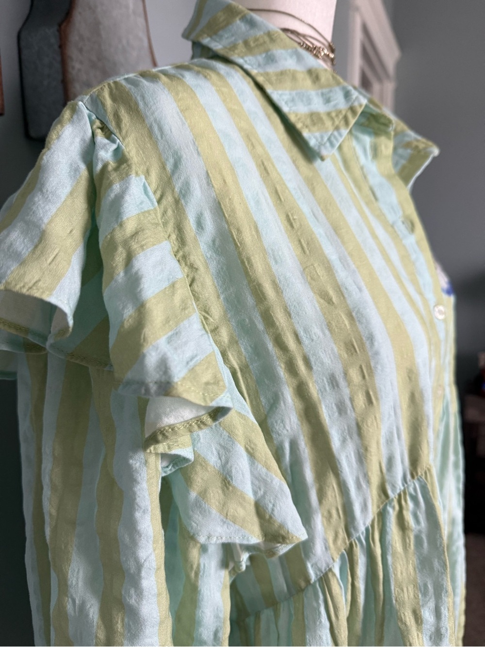 Anthropologie Light Blue and Cream Striped Mini Dress with Floral Embroidery - Picture 3 of 4